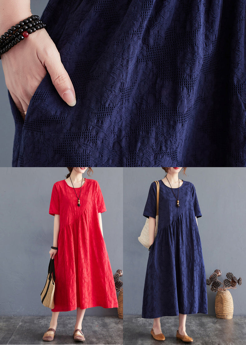 Navy Patchwork Cotton Dresses O-neck Wrinkled Summer