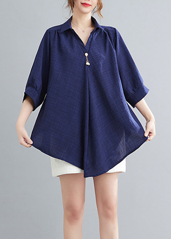 Navy Patchwork Linen Shirt Half Sleeve