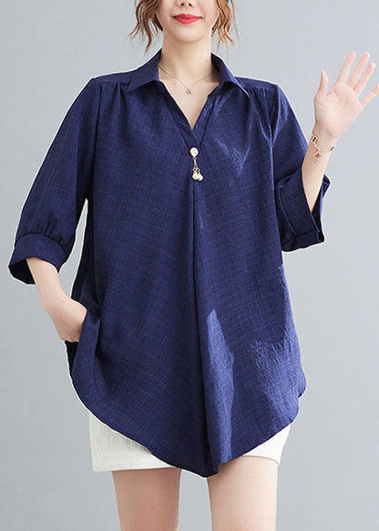 Navy Patchwork Linen Shirt Half Sleeve
