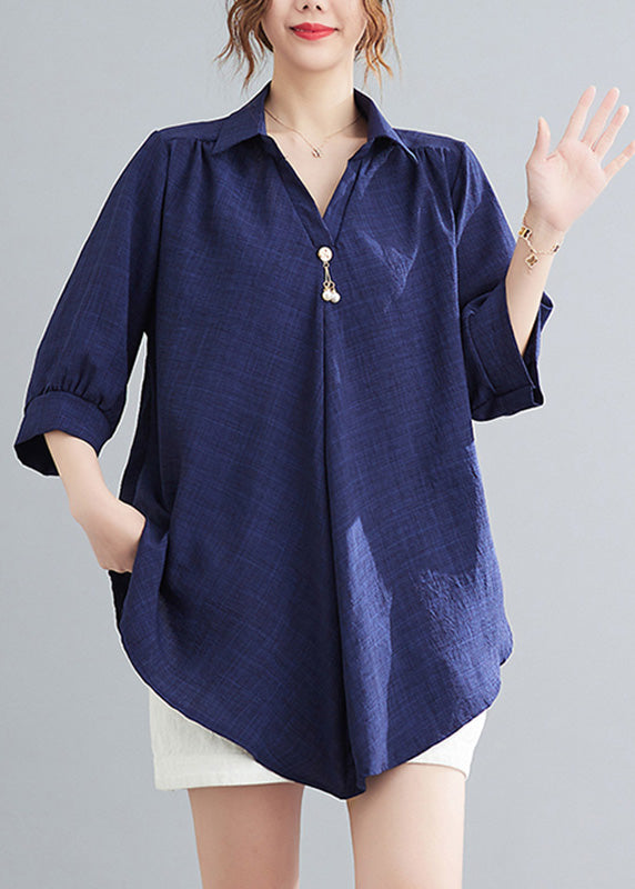 Navy Patchwork Linen Shirt Half Sleeve