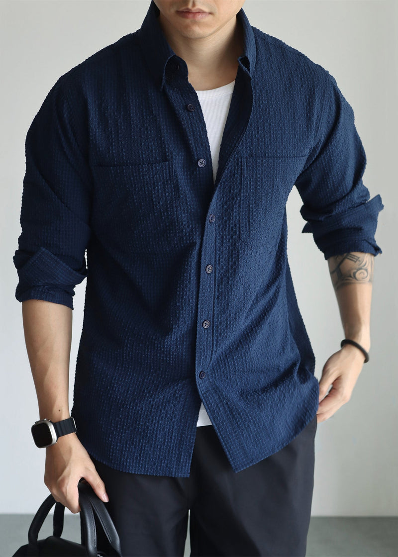 Navy Pockets Cotton Fall Hawaiian Shirts Peter Pan Collar