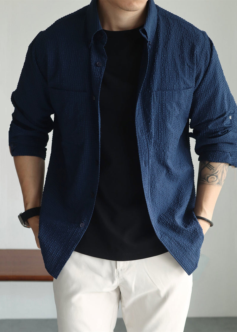 Navy Pockets Cotton Fall Hawaiian Shirts Peter Pan Collar