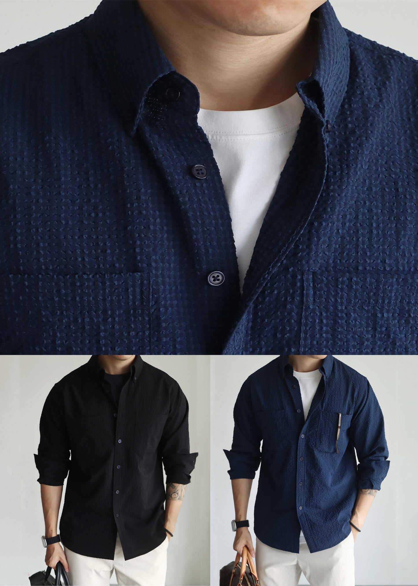 Navy Pockets Cotton Fall Men Hawaiian Shirts Peter Pan Collar