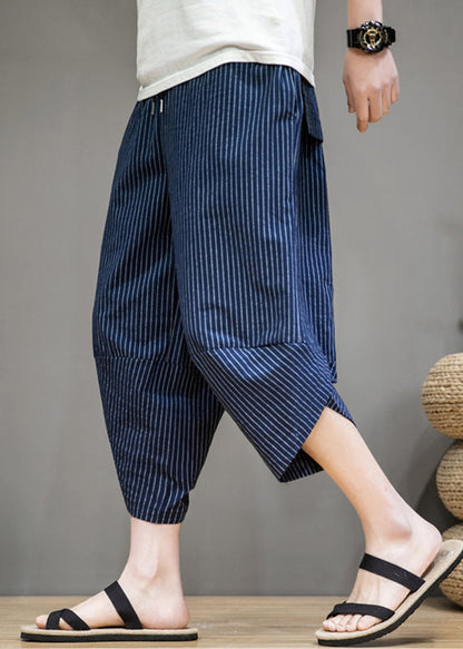 Navy Pockets Cotton Summer Harem Pants Elastic Waist