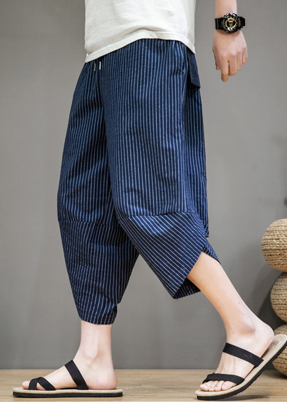 Navy Pockets Cotton Summer Harem Pants Elastic Waist