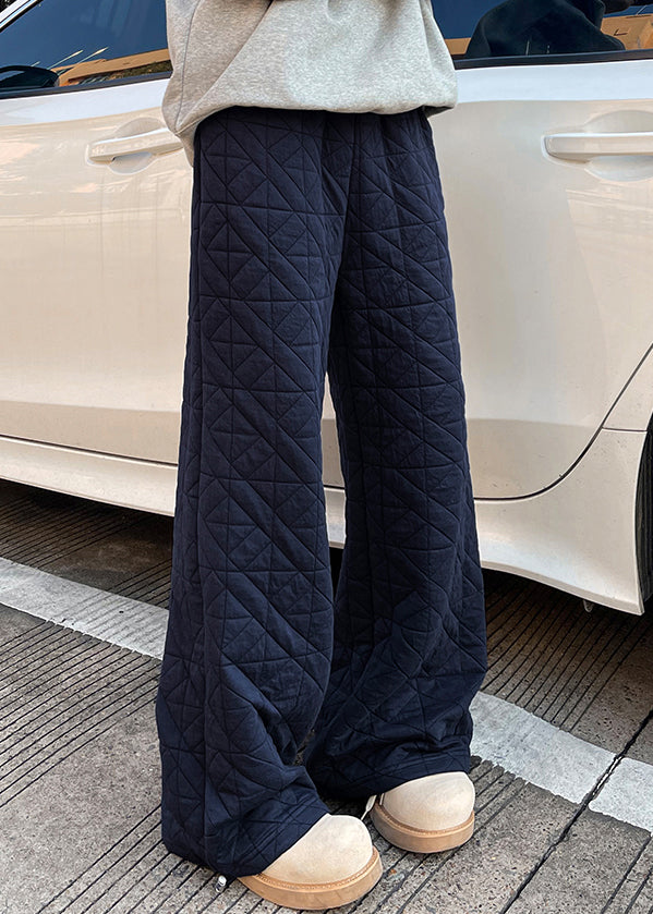 Navy Pockets Loose Cotton Filled Pants Elastic Waist Winter