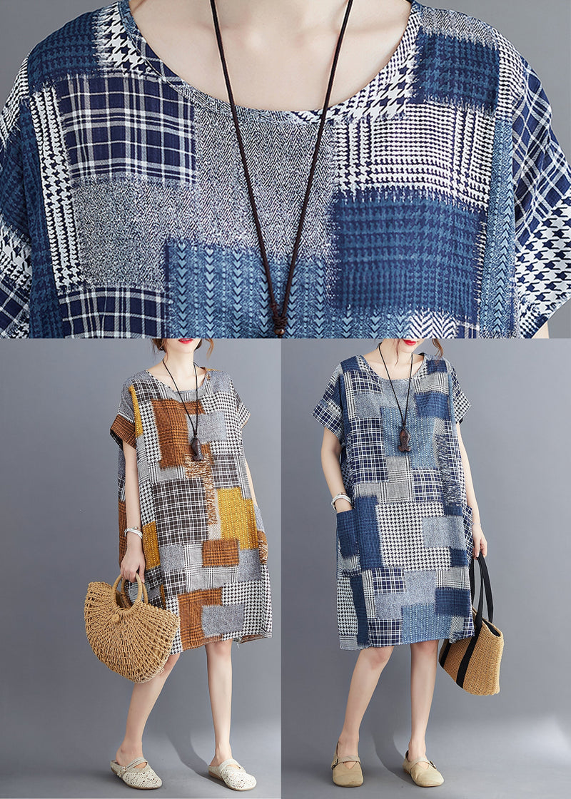 Navy Print Cotton Long Dress O-neck Pockets Summer