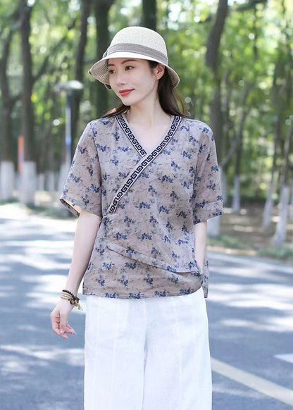 Navy Print Patchwork Cotton Blend Blouse Top V Neck Lace Up Summer