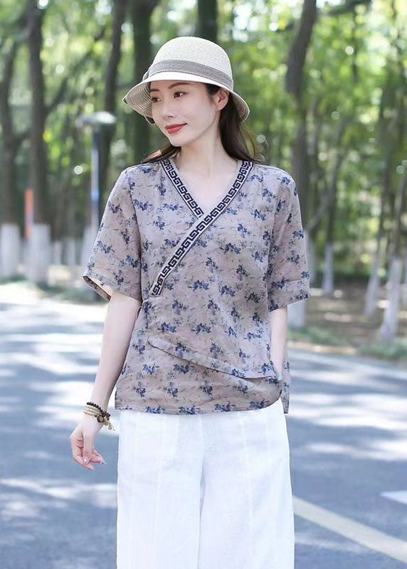 Navy Print Patchwork Cotton Blend Blouse Top V Neck Lace Up Summer
