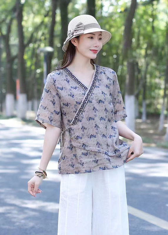 Navy Print Patchwork Cotton Blend Blouse Top V Neck Lace Up Summer