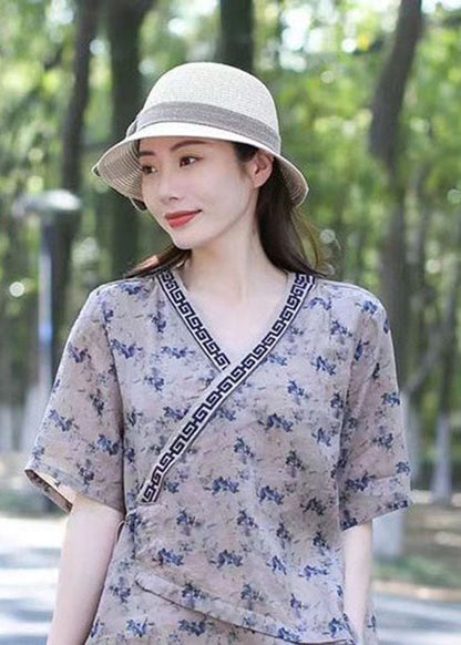 Navy Print Patchwork Cotton Blend Blouse Top V Neck Lace Up Summer