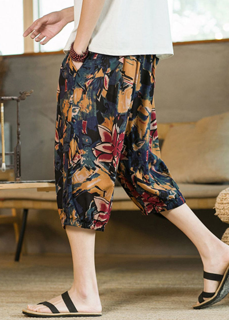 Navy Print Pockets Cotton Crop Pants Elastic Waist Summer