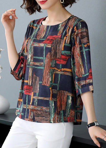 Navy Silk O-neck Silk Top Half Sleeve