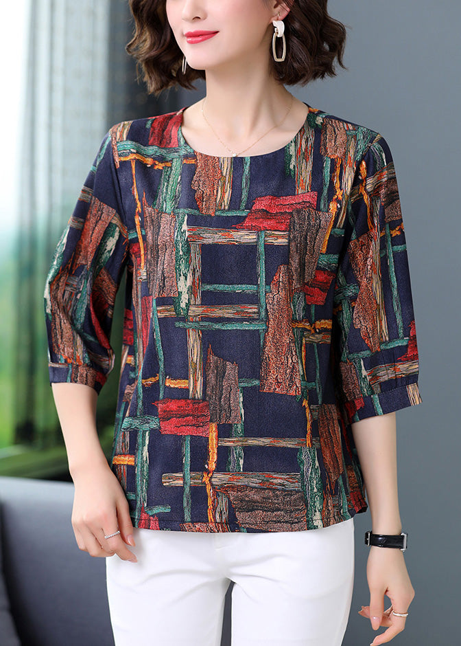 Navy Silk O-neck Silk Top Half Sleeve