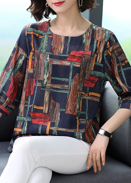 Navy Silk O-neck Silk Top Half Sleeve
