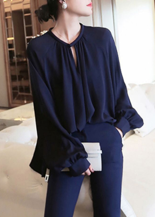 Navy Chiffon Shirt O Neck Lantern Sleeve