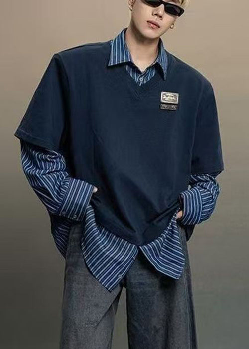 Navy Striped False Two Pieces Patchwork Cotton Men Shirts Peter Pan Collar Spring