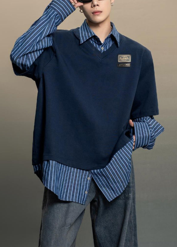 Navy Striped False Two Pieces Patchwork Cotton Men Shirts Peter Pan Collar Spring