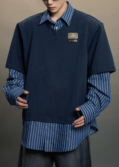 Navy Striped False Two Pieces Patchwork Cotton Men Shirts Peter Pan Collar Spring