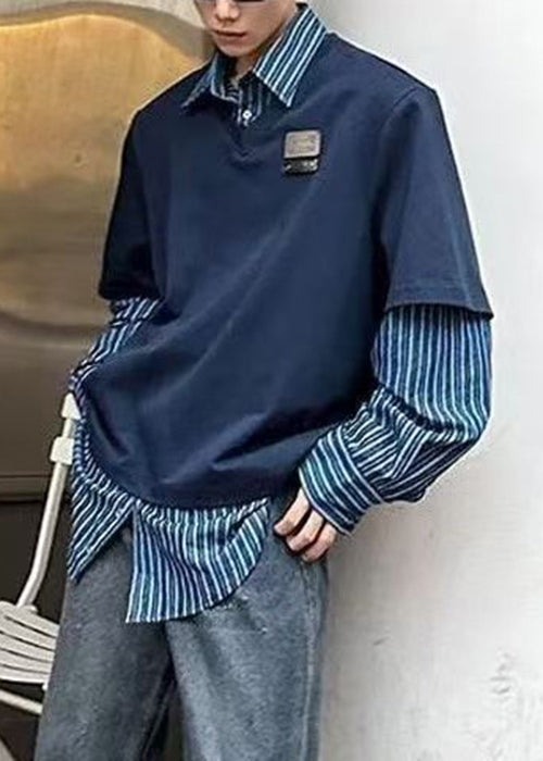 Navy Striped False Two Pieces Patchwork Cotton Shirts Peter Pan Collar Spring