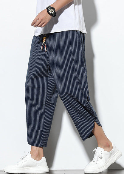 Navy Striped Lace Up Elastic Waist Cotton Harem Pants Summer