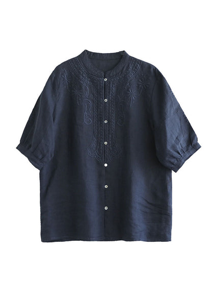 Navy Cotton Shirts Stand Collar Embroideried Half Sleeve