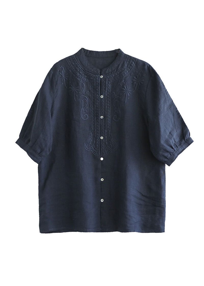 Navy Cotton Shirts Stand Collar Embroideried Half Sleeve