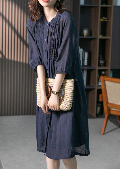 Navy Wrinkled Linen Long Dresses Long Sleeve