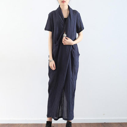 Navy Cross Design Texture Linen Maxi Dresses Short Sleeved Caftans