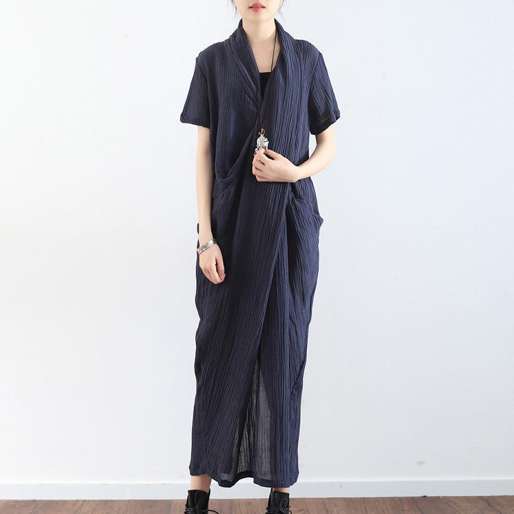 Navy Cross Design Texture Linen Maxi Dresses Short Sleeved Caftans
