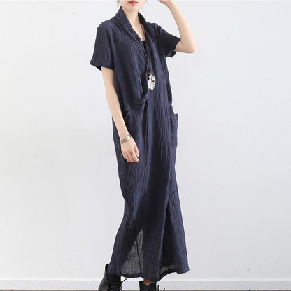 Navy Cross Design Texture Linen Maxi Dresses Short Sleeved Caftans