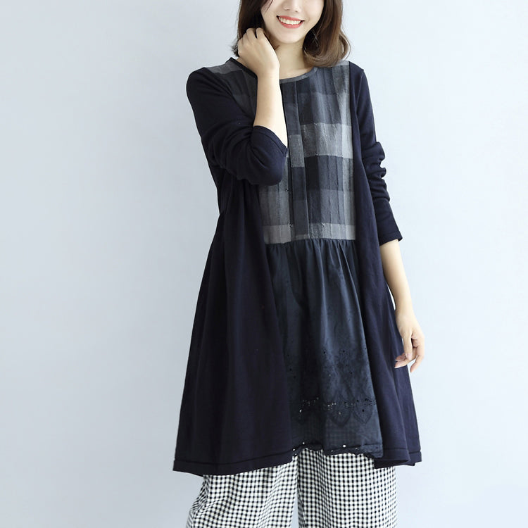 Navy Plaid Cotton Dresses Long Sleeved Maternity Dress Style