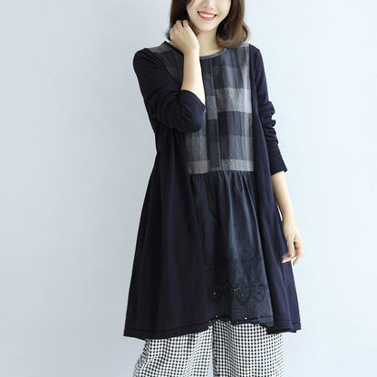 Navy Plaid Cotton Dresses Long Sleeved Maternity Dress Style