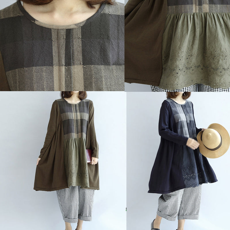 Navy Plaid Cotton Dresses Long Sleeved Maternity Dress Style