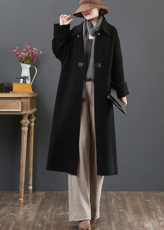 New Loose Fitting Long Coat Winter Coats Black Lapel Pockets Woolen Coats