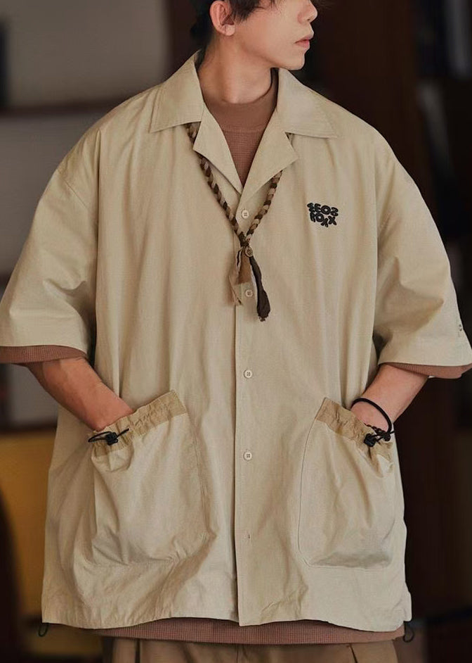New Apricot Drawstring Pockets Cotton Shirts Summer