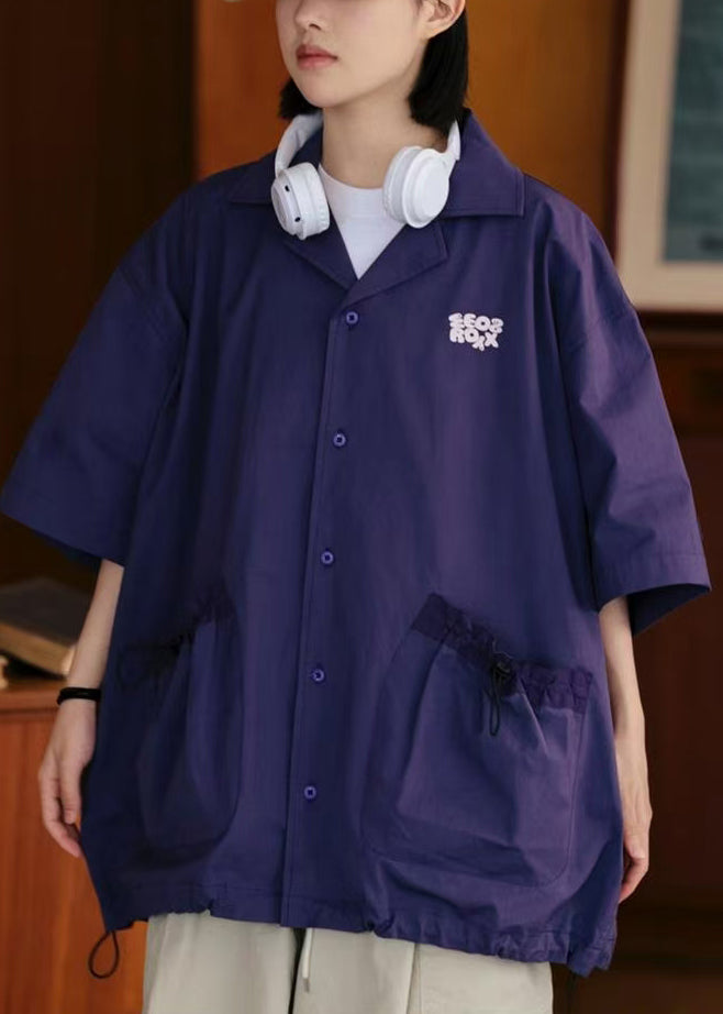 New Apricot Drawstring Pockets Cotton Shirts Summer