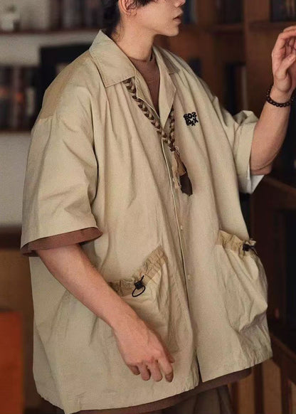 New Apricot Drawstring Pockets Cotton Shirts Summer