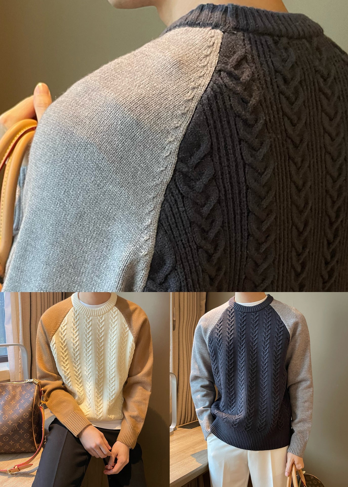 New Apricot O-neck Thick Patchwork Cable Knit Sweaters Fall