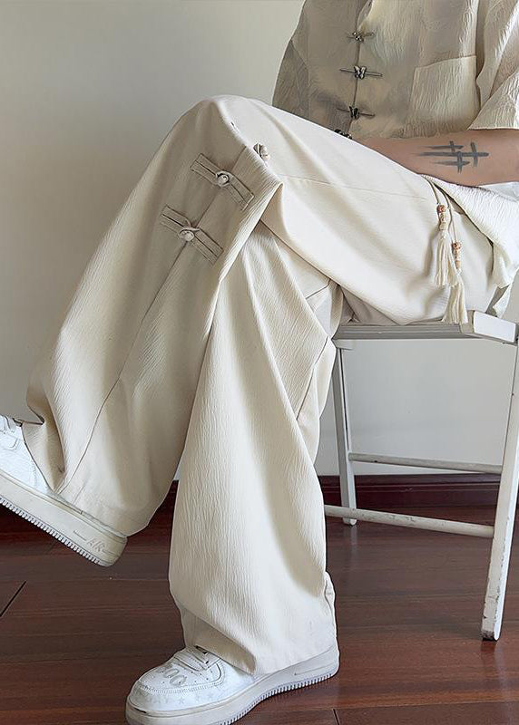 New Apricot Pockets Chinese Button Ice Silk Pants Summer