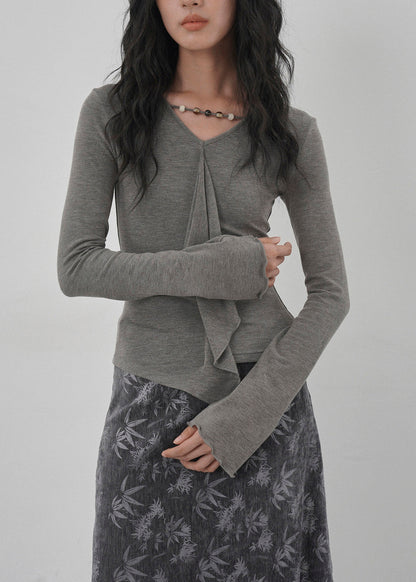 New Apricot Ruffled Asymmetrical Design Cotton T Shirts Spring