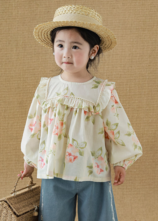New Apricot Ruffled Print Cotton Top Long Sleeve