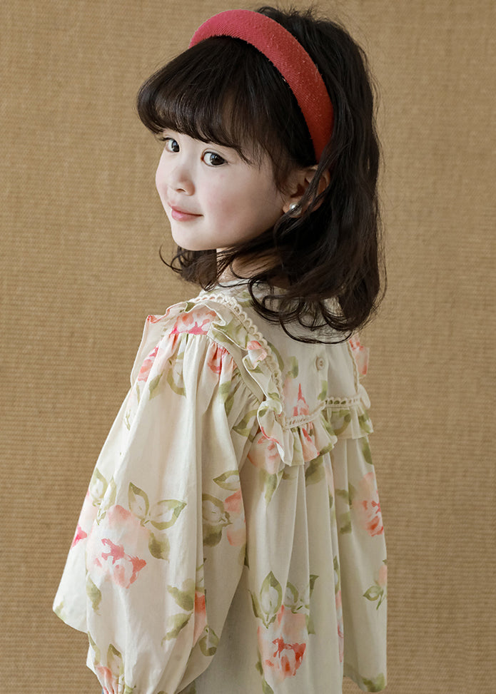 New Apricot Ruffled Print Cotton Top Long Sleeve