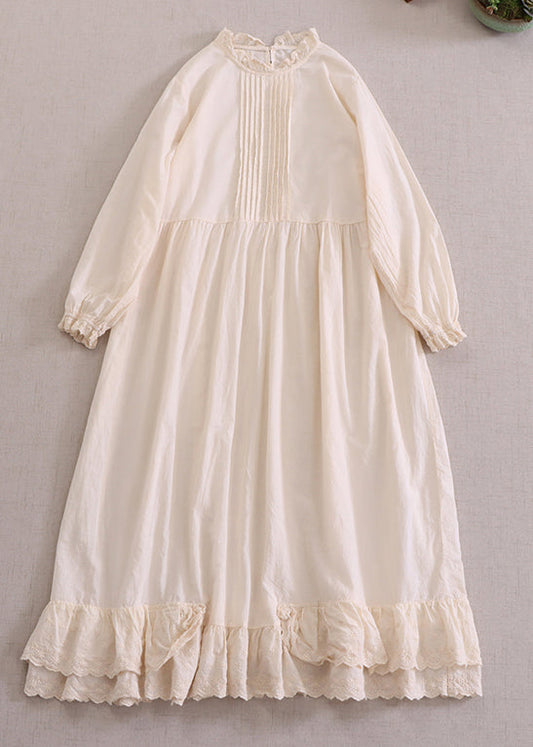 New Apricot Ruffled Patchwork Cotton Dress Long Sleeve