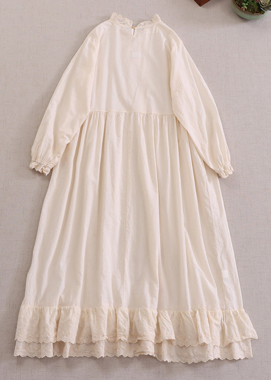 New Apricot Ruffled Patchwork Cotton Dress Long Sleeve