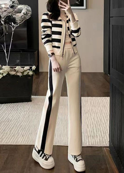 New Apricot Striped Zip Up Tops and Crop Pants Cotton Two Pieces Set Spring