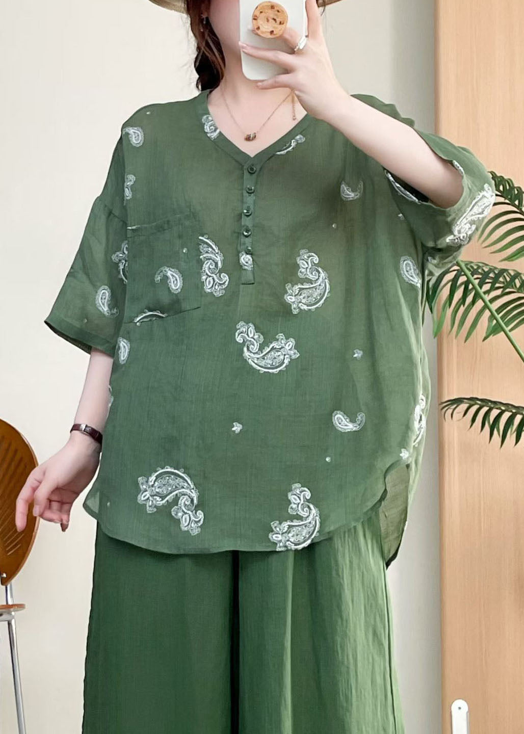 New Apricot V Neck Embroidered Linen Shirts Top Summer
