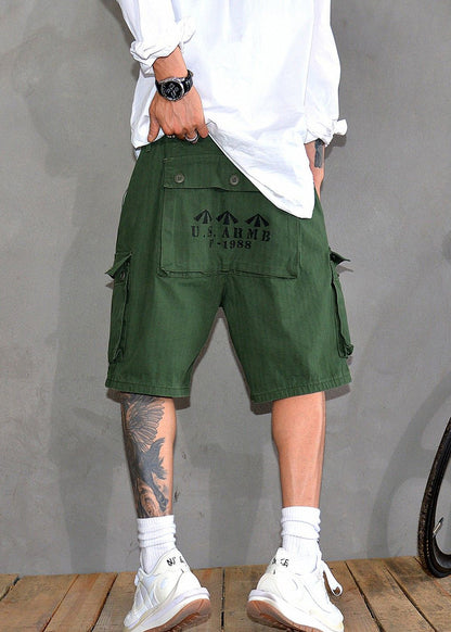 New Army Green Print Pockets High Waist Cotton Shorts Summer