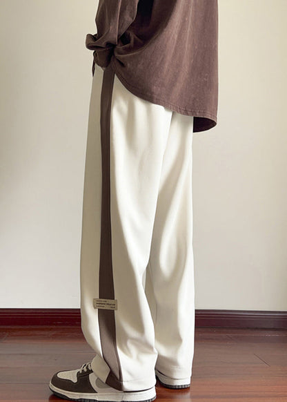 New Beige Elastic Waist Patchwork Warm Fleece Pants Spring
