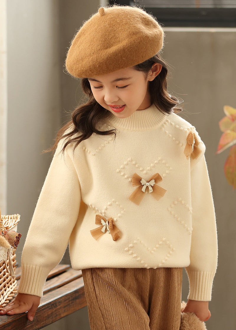 New Beige O-neck Bow Pearl Cotton Knit Kids Sweaters Spring